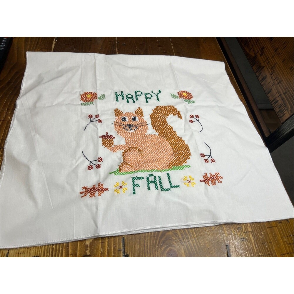 Handmade Finished Cross Stitch Towel Happy Fall Squirrel Acorns
